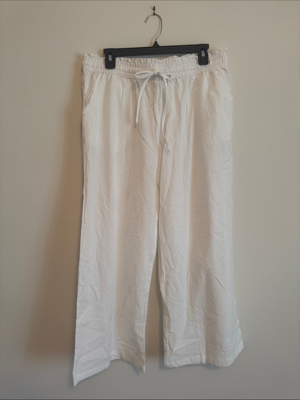White Elastic Waist Linen Pants